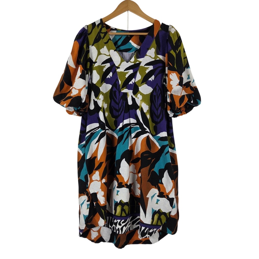 For Cynthia Linen Blend Floral Zebra Print V-Neck Puff Sleeve Pocket Dress M